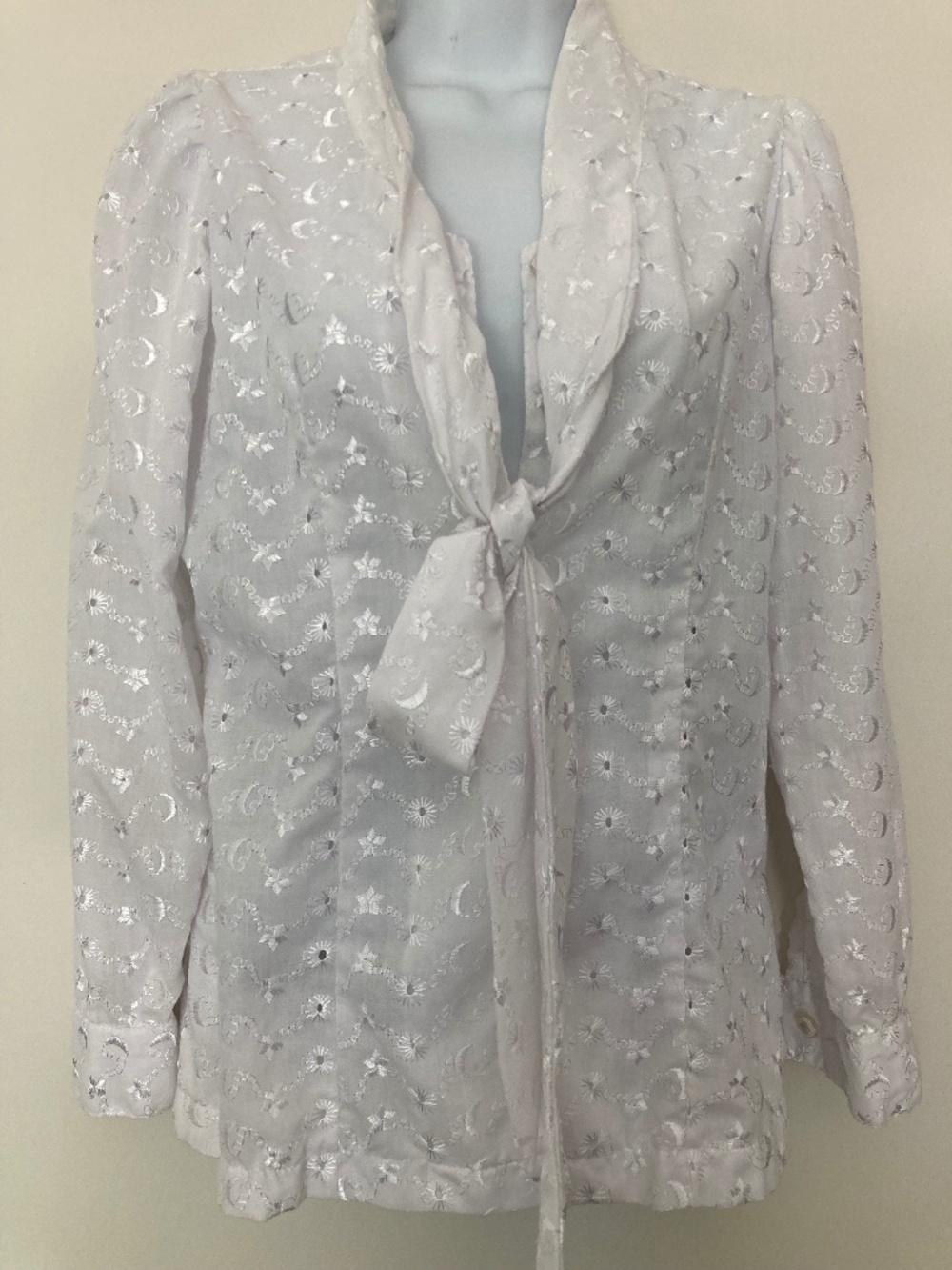 White Cotton Eyelet Blouse with Front Ties, Long-Sleeved, Size S